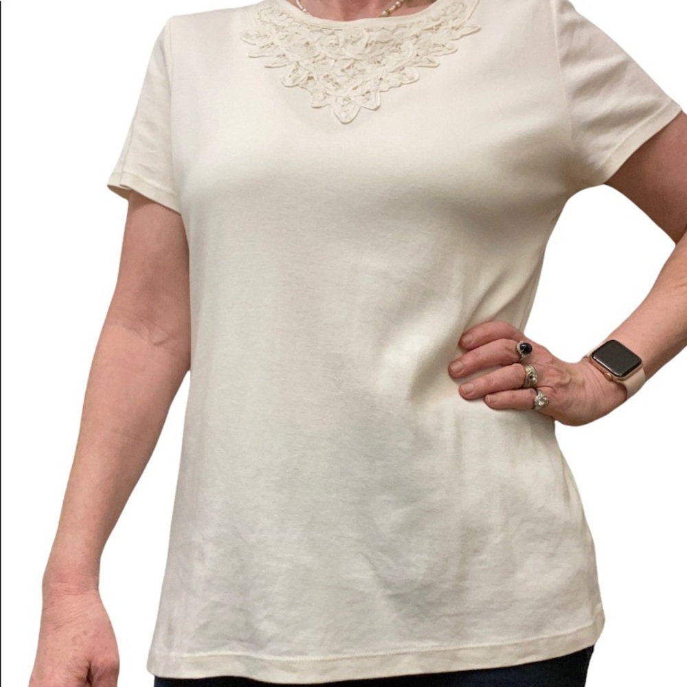 Talbot’s cream colored 100% Pima cotton knit top with lace appliqué.
